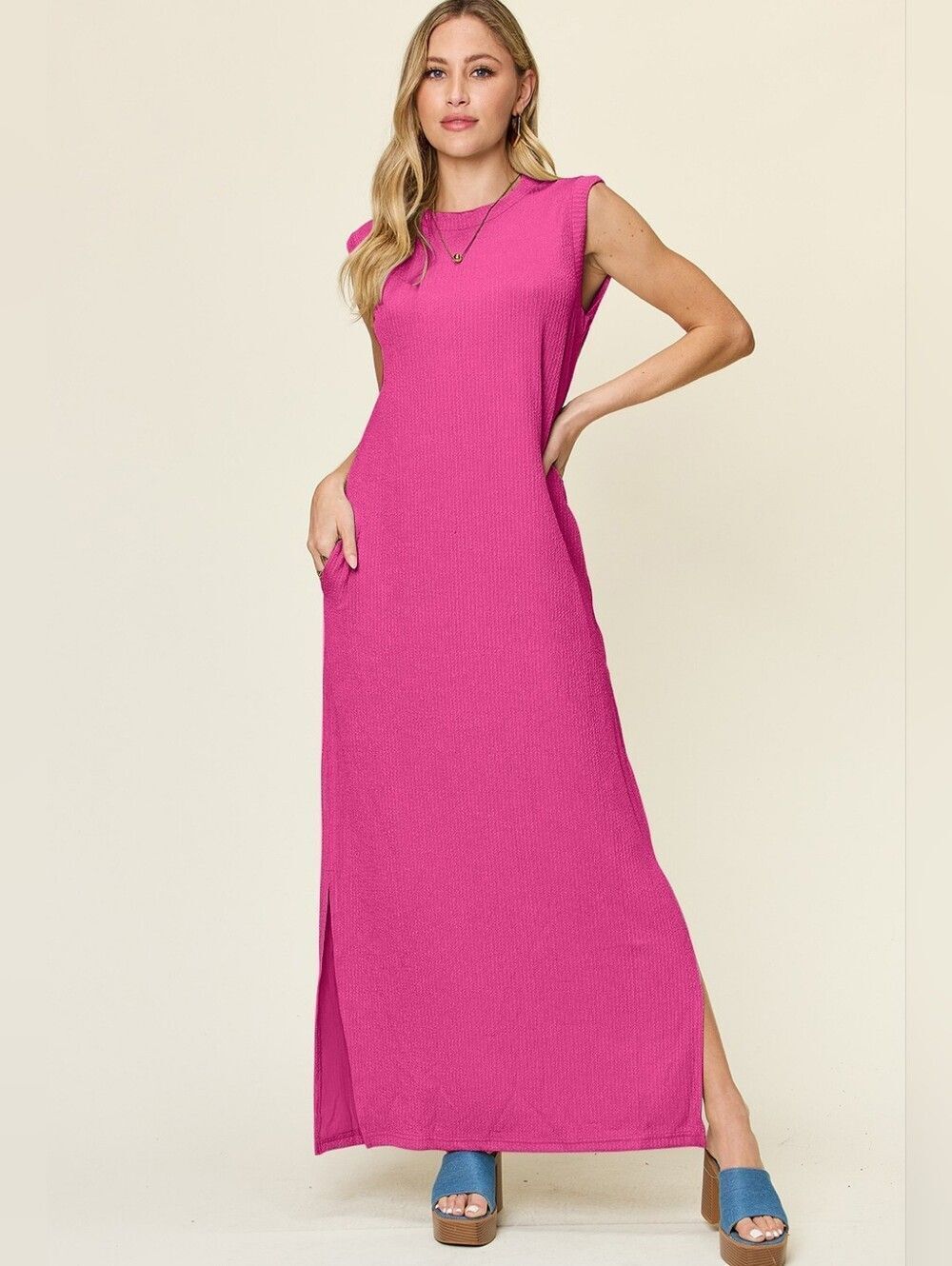 Sleeveless Magenta Pink Maxi Dress with Side Slit & Pockets SZ S M L 2X 3X